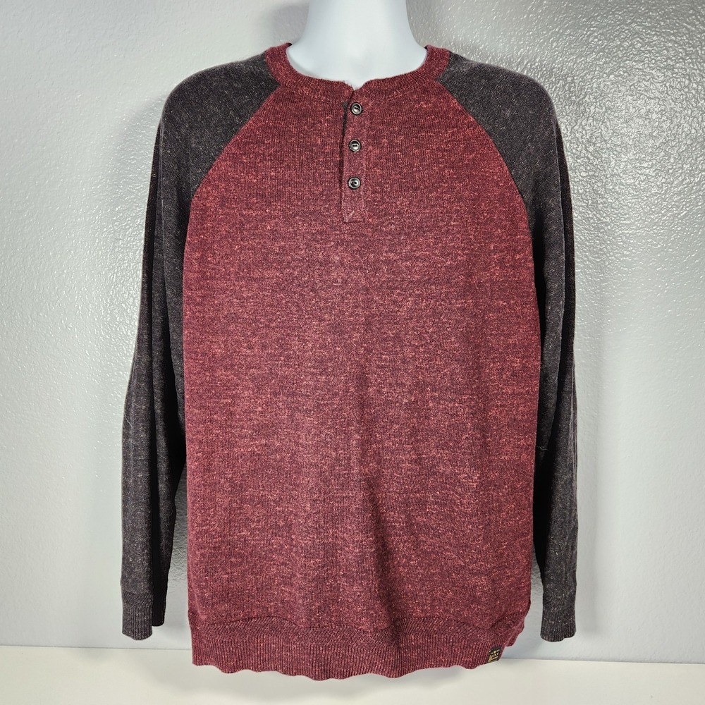 Lucky Brand Mens Henley Sweatshirt XL Burgundy Gray Raglan Long Sleeve Pullover